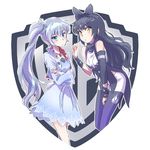  black_hair blake_belladonna blue_eyes bow commentary company_connection hair_bow iesupa logo looking_at_viewer multiple_girls pantyhose ponytail pun rwby scar warner_bros weiss_schnee white_hair yellow_eyes 