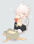  1boy ahoge animal animal_ears black_legwear blush child commentary_request danganronpa danganronpa_3 dog dog_ears dog_tail eyebrows_visible_through_hair face_licking full_body fur gift hair_between_eyes happy holding holding_animal komaeda_nagito licking long_sleeves male_focus one_eye_closed pants plaid plaid_sweater puppy red_ribbon ribbon shell_(shell518) shoes simple_background sitting super_danganronpa_2 sweater tail upper_teeth white_footwear white_hair 