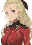  assam bad_id bad_pixiv_id blonde_hair blue_eyes breasts girls_und_panzer hair_ribbon highres jacket light_smile long_hair looking_at_viewer medium_breasts military military_uniform red_jacket ribbon simple_background solo st._gloriana's_military_uniform takagaki_eru uniform upper_body white_background 