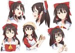  1girl ? apron ascot bangs bare_shoulders bow brown_eyes brown_hair closed_eyes collarbone collared_shirt detached_sleeves expressions eyebrows eyebrows_visible_through_hair face frilled_bow frilled_shirt_collar frills hair_between_eyes hair_bow hair_ornament hair_tubes hakurei_reimu hands_up holding housewife long_hair looking_at_viewer money nise6 open_mouth red_shirt shirt sidelocks simple_background smile solo star star-shaped_pupils symbol-shaped_pupils teeth touhou white_background 
