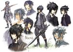  black_hair black_jacket blush_stickers boots character_name decoponmagi engine_blade final_fantasy final_fantasy_xv fingerless_gloves gloves jacket male_focus multiple_views noctis_lucis_caelum single_glove spiked_hair sweatdrop sword weapon 