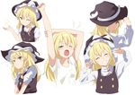  :d ;) arms_up black_vest blonde_hair bow braid buttons capelet double_v dress_shirt expressions grin hair_bow half-closed_eyes hand_on_headwear hands_up hat hat_bow hat_over_one_eye high_collar kirisame_marisa long_hair long_sleeves messy_hair multiple_views nise6 one_eye_closed open_mouth shirt short_sleeves side_braid simple_background single_braid sleepy smile star star_print stretch tears teeth touhou v vest white_background white_bow white_shirt witch_hat yawning yellow_eyes 