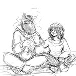  anthro black_and_white bong canine clothing coughing dog drugs duo equine eyes_closed female hair hair_over_eye hat hladilnik hoodie male mammal monochrome smoke zebra zebra_son_(hladilnik) 