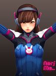  animal_print arms_up bangs blush bodysuit breasts brown_background brown_eyes brown_hair bunny_print d.va_(overwatch) ehon-metal english eyebrows_visible_through_hair facepaint facial_mark gradient gradient_background headphones high_collar highres lips long_hair looking_at_viewer medium_breasts outstretched_arms overwatch pilot_suit ribbed_bodysuit shoulder_pads skin_tight solo swept_bangs upper_body whisker_markings 