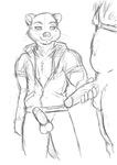 anthro balls bottomless clothed clothing cock_ring duo erection faceless_male front_view greyscale harness jacket male mammal monochrome moobs mustelid navel nipples otter penis penis_grab piercing pteryon side_view sketch slightly_chubby smile standing uncut unknown_species vein veiny_penis whiskers 