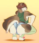 anthro butt canid canine canis clothed clothing crobat_(artist) crouching dog girly legwear looking_back male mammal shirt smile solo tank_top thigh_highs tongue tongue_out 