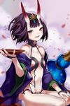 alcohol breasts cup eredhen eyebrows eyebrows_visible_through_hair fate/grand_order fate_(series) forehead_jewel gourd hand_on_lap horns japanese_clothes jewelry kimono looking_at_viewer navel oni oni_horns open_mouth petals purple_eyes purple_hair sakazuki sake seiza short_hair shuten_douji_(fate/grand_order) sitting small_breasts smile solo 