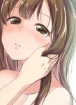  blush brown_eyes brown_hair commentary_request hand_on_another's_face idolmaster idolmaster_cinderella_girls long_hair looking_at_viewer mizumoto_yukari out_of_frame solo_focus tekin 