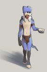  ajin anthro barefoot clothing collar dialogue dragon front_view frown grey_background leather_straps loincloth male navel scalie simple_background slime solo 