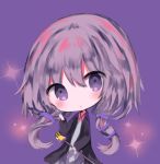  1girl :o bangs black_jacket blue_dress blush chibi commentary_request cottontailtokki criss-cross_halter dress hair_between_eyes hair_ornament halterneck hand_up head_tilt holding jacket long_hair long_sleeves looking_at_viewer low_twintails open_clothes open_jacket parted_lips purple_background purple_eyes purple_hair solo sparkle twintails very_long_hair voiceroid yuzuki_yukari yuzuki_yukari_(lin) 