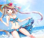  asahi_yanagi bikini blue_bikini blue_eyes breasts brown_hair fate/grand_order fate_(series) frilled_bikini frills front-tie_top hat highres jewelry long_hair looking_at_viewer marie_antoinette_(fate/grand_order) marie_antoinette_(swimsuit_caster)_(fate) medium_breasts navel necklace open_mouth sarong solo sun_hat sunlight swimsuit twintails 