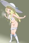  10s 1girl bangs blonde_hair blush bra dark_skin female hat heavy_breathing lillie_(pokemon) long_hair nintendo open_mouth panties panty_pull pokemon pokemon_(game) pokemon_sm shiny shiny_skin shoes simple_background solo standing sun_hat tears underwear uuuu white_bra white_hat white_panties yellow_eyes 