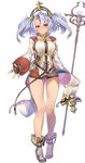  ass_visible_through_thighs bare_legs blush boots breasts brown_eyes commentary_request fingerless_gloves full_body gloves granblue_fantasy grin half-closed_eyes hat high_heels highres holding holding_staff large_breasts legs long_hair long_sleeves looking_at_viewer parted_lips shiny shiny_skin silver_hair simple_background smile solo sophia_(granblue_fantasy) staff teeth thigh_gap thighs twintails wand white_background yaman 
