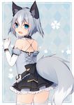  animal_ear_fluff animal_ears bandaid bandaid_on_face bare_shoulders blue_eyes bow cowboy_shot detached_collar dress elbow_gloves fox_ears fox_tail frilled_dress frills from_behind fur_trim garter_straps gloves grey_hair grey_legwear hair_between_eyes highres jewelry looking_at_viewer looking_back muryotaro open_mouth original ring short_dress short_hair solo standing tail thighhighs white_gloves 