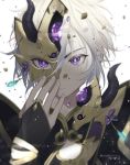  1boy armor bishounen broken broken_mask commentary_request face fate/grand_order fate_(series) fingerless_gloves gao_changgong_(fate) gem gloves hair_between_eyes looking_at_viewer male_focus mask parted_lips portrait purple_eyes reichiou shatter short_hair silver_hair simple_background solo white_background 