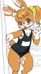  anthro blush clothed clothing female flat_chested fur hair hair_tie kikurage lagomorph long_ears long_hair looking_at_viewer mammal multicolored_fur one-piece_swimsuit open_mouth orange_fur ponytail rabbit red_eyes school_swimsuit smile solo standing swimsuit teeth waving white_fur 