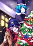  beanie blue_eyes blue_hair blush_stickers bow candy candy_cane christmas christmas_ornaments christmas_tree coat commentary_request cosplay fairy_tail food fur_trim hair_rings hat highres juvia_lockser juvia_lockser_(cosplay) kaku_seiga koissa miyako_yoshika multiple_girls purple_eyes purple_hair scarf snow snowing touhou winter_clothes 