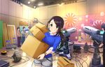  artist_request black_hair blue_sweater box bracelet breasts camera cardboard_box chair collared_shirt green_eyes idolmaster idolmaster_cinderella_girls idolmaster_cinderella_girls_starlight_stage jewelry ladder large_breasts long_hair official_art shirt shorts smile solo_focus sweater tv_show white_shirt wire yamato_aki 