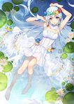  bangs bare_legs bare_shoulders barefoot bison_cangshu blue_eyes blush dress flower from_above head_wreath long_hair looking_at_viewer lying on_back open_mouth partially_submerged silver_hair solo unicorn_(zhan_jian_shao_nyu) water wet white_dress zhan_jian_shao_nyu 