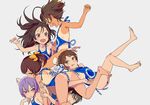  :d :q animal_ears apron areola_slip areolae ass bare_legs barefoot black_hair blue_apron breasts brown_eyes brown_hair cat_ears covered_nipples double_bun fang grey_background long_hair mebae multiple_girls naked_apron one-piece_tan open_mouth original print_apron purple_eyes purple_hair short_hair simple_background small_breasts smile tan tanline tongue tongue_out yellow_eyes 