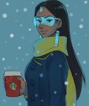  bad_id bad_twitter_id bangs black_hair blue_coat brown_eyes buttons closed_mouth coat coffee cup cutebimu dark_skin earrings eyeliner forehead_jewel from_side glasses hand_up holding holding_cup jewelry long_hair long_sleeves looking_at_viewer makeup nose parted_bangs scarf smile snowing solo starbucks symmetra_(overwatch) upper_body yellow_scarf 
