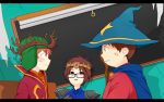  3boys brown_eyes brown_hair cape douchebag_(south_park) eric_cartman fur_hat glasses gloves green_eyes hat kyle_broflovski male_focus multiple_boys red_hair short_hair south_park south_park:_the_stick_of_truth ushanka witch_hat 