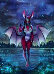  5_fingers anthro bat black_hair blue_eyes breasts detailed_background female hair mammal membranous_wings navel night nipples nude outside pussy sky solo sorafoxyteils standing star starry_sky water wide_hips wings 