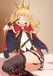  :d adosan ass bangs black_legwear blanket blonde_hair blunt_bangs blush boots cagliostro_(granblue_fantasy) cape covering_eyes facing_viewer granblue_fantasy headpiece legs_together long_hair open_mouth pleated_skirt red_cape red_skirt sitting skirt smile solo strap thighhighs thighs yokozuwari 