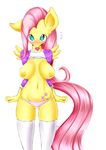 2016 absurd_res anthro anthrofied blush breasts clothed clothing condom condom_in_mouth equine female fluttershy_(mlp) friendship_is_magic hair hi_res legwear long_hair looking_at_viewer mammal my_little_pony navel panties pegasus pink_hair simple_background solo thigh_highs underwear white_background wings ya-ya-tan 