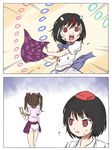  3girls ? black_hair cellphone comic danmaku hat highres himekaidou_hatate horns impossible_spell_card kijin_seija multicolored_hair multiple_girls nimble_fabric panties phone red_eyes red_hair scratches shameimaru_aya streaked_hair techi_(techi35499) tokin_hat touhou twintails underwear white_panties 