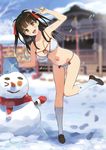  :d absurdres basket bow bow_bra bow_panties bra breasts day highres kneehighs large_breasts loafers long_hair nontraditional_miko ootomo_takuji open_mouth panties ribbon-trimmed_panties shoes smile snow snowman solo toranoana two_side_up underwear underwear_only v white_bra white_panties yin_yang 