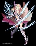  armor armored_boots armored_dress black_background blonde_hair boots breasts cleavage clenched_hand full_body gauntlets highres matsui_hiroaki medium_breasts multicolored_hair official_art one_eye_closed open_mouth pink_hair smile solo thousand_memories underboob 