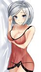  adjusting_hair babydoll black_panties blue_eyes blush breast_hold breasts cleavage hair_ornament hairclip hamakaze_(kantai_collection) kantai_collection large_breasts looking_at_viewer panties see-through short_hair silver_hair sin_(kami148) smile solo underwear 