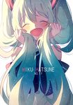  :d ^_^ aqua_hair blush character_name closed_eyes hatsune_miku holding holding_hair long_hair open_mouth simple_background smile solo twintails vocaloid white_background yuno_tsuitta 