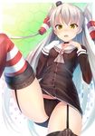  amatsukaze_(kantai_collection) black_panties blush bow bow_panties cameltoe choker dress garter_straps gloves hair_tubes highres kantai_collection leg_up long_hair looking_at_viewer open_mouth panties red_legwear sailor_collar sailor_dress short_dress silver_hair single_glove solo striped striped_legwear sunsuke thighhighs two_side_up underwear white_gloves windsock yellow_eyes 