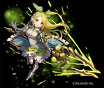  armor armored_boots armored_dress black_background blonde_hair boots breasts cleavage dress frilled_dress frills full_body gauntlets green_eyes hair_ribbon highres large_breasts long_hair looking_at_viewer matsui_hiroaki official_art pointy_ears polearm ribbon smile solo spear thousand_memories weapon 
