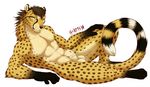  5_fingers abs anthro balls black_nose blue_eyes cheetah feline fur inkrend lying male mammal simple_background solo spots spotted_fur white_background yellow_fur 