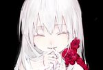  black_background closed_eyes closed_mouth eyebrows_visible_through_hair flower hand_to_own_mouth hands_together long_hair original ozyako portrait red_flower simple_background smile solo white_hair 