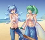  bat beach bikini blue_eyes blue_hair blush bottle breasts broken_bottle cirno daiyousei day duplicate green_eyes green_hair groin hater_(hatater) large_breasts midriff multiple_girls navel ocean skirt smile swimsuit touhou wings 