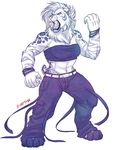  4_toes 5_fingers anthro clothed clothing feline female hair inkrend mammal navel open_mouth saber-toothed_cat simple_background solo standing teeth toes tongue white_background white_hair wide_hips 