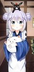  :&lt; absurdres alternate_hairstyle ama_usa_an_uniform animal animal_on_head anko_(gochiusa) apron bangs blue_eyes blue_kimono blurry blush bunny commentary_request crown depth_of_field double_bun frilled_apron frills gochuumon_wa_usagi_desu_ka? hair_between_eyes hair_ornament highres indoors japanese_clothes kafuu_chino kimono looking_at_viewer looking_up mini_crown object_hug on_head parted_lips sabet_(young_ouo) solo standing tippy_(gochiusa) wide_sleeves x_hair_ornament 