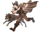  ahoge barowa beard boots brown_eyes brown_hair dog draph facial_hair full_body granblue_fantasy gun horns male_focus minaba_hideo official_art open_mouth pipe pipe_in_mouth smoking solo teeth tongue transparent_background weapon 