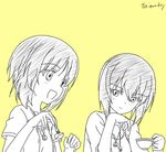  :d bangs blush casual chin_rest commentary_request cup eating eye_contact fork girls_und_panzer gradient gradient_background head_rest holding holding_cup holding_fork jewelry limited_palette looking_at_another multiple_girls necklace nishizumi_maho nishizumi_miho open_mouth short_hair short_sleeves siblings simple_background sisters sketch smile taian talking twitter_username upper_body 