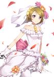  absurdres bare_shoulders black_gloves bouquet breasts bridal_veil brown_hair choker collarbone dress flower ginn_(hzh770121) gloves hair_flower hair_ornament highres holding holding_bouquet koizumi_hanayo looking_at_viewer love_live! love_live!_school_idol_project love_wing_bell medium_breasts pantyhose petals purple_eyes short_hair simple_background sleeveless sleeveless_dress smile solo veil white_background white_dress white_gloves white_legwear 