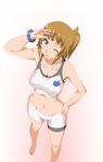  asymmetrical_clothes bike_shorts blonde_hair blue_eyes breasts brownie_(n8wss1pq) cleavage covered_nipples from_above gradient gradient_background groin gundam gundam_build_fighters gundam_build_fighters_try hand_on_hip hoshino_fumina large_breasts midriff navel one_eye_closed pink_background shirt solo taut_clothes taut_shirt 