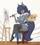  5_fingers 5_toes anthro bat_pony breasts clothed clothing equine eyelashes fan_character female fur grey_fur mammal membranous_wings my_little_pony paint sitting skecchiart smile solo toes wide_hips wings 