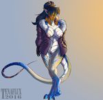  anthro areola breasts clothed clothing dragon female nipples open_jacket pussy solo standing tenaflux wide_hips 