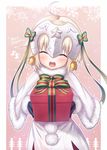  :d ^_^ ahoge bangs bell black_gloves blonde_hair blush capelet christmas closed_eyes commentary dress eyebrows_visible_through_hair fal fate/grand_order fate_(series) fur_trim gift gloves green_ribbon hair_ribbon headpiece highres holding holding_gift jeanne_d'arc_(fate)_(all) jeanne_d'arc_alter_santa_lily merry_christmas open_mouth red_ribbon ribbon short_dress smile snowflake_background snowflakes solo striped striped_ribbon teeth upper_body white_dress 