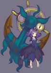  :3 acerola_(pokemon) anchor aqua_footwear armlet arms_behind_back closed_mouth dhelmise dress elite_four flipped_hair full_body gen_7_pokemon hair_ornament half_updo highres karaage_(pixiv3291302) pokemon pokemon_(creature) pokemon_(game) pokemon_sm purple_background purple_eyes purple_hair sandals seaweed shoes short_hair short_sleeves smile standing stitches torn_clothes torn_dress torn_sleeves trial_captain 