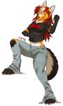  4_toes 5_fingers anthro barefoot black_nose brown_hair canine clothed clothing eyes_closed female hair inkrend mammal midriff navel open_mouth simple_background smile solo teeth toes tongue white_background wide_hips wolf 